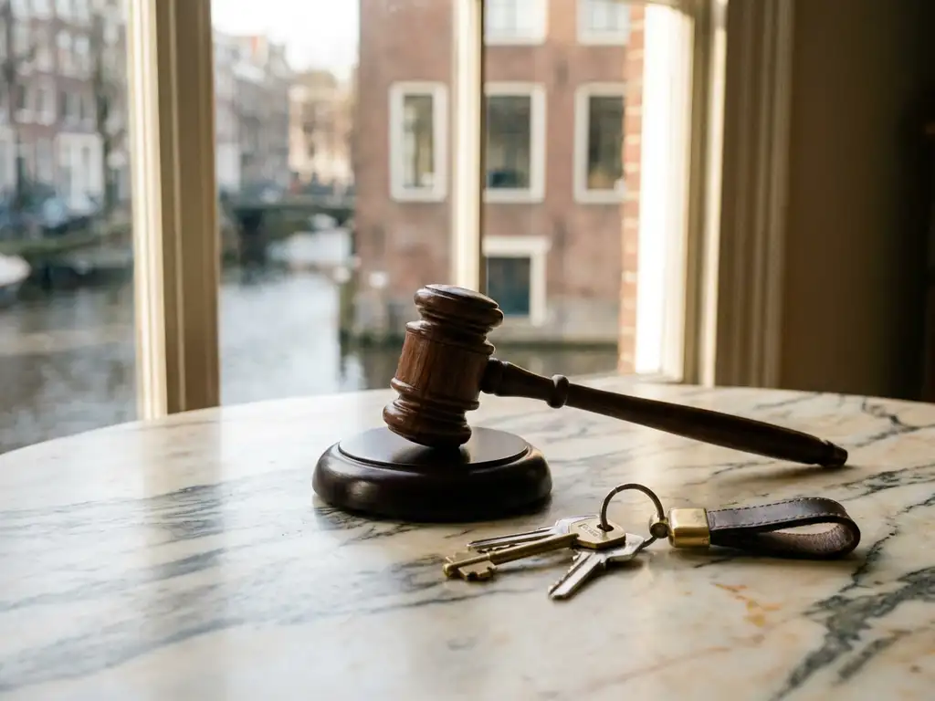 Wooden gavel and polished house keys on marble surface, lit by warm natural light from an Amsterdam canal house window.