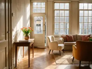 Sunlit Amsterdam canal house living room with fresh tulips, herringbone oak floors, and tall Dutch windows open for a home showing.