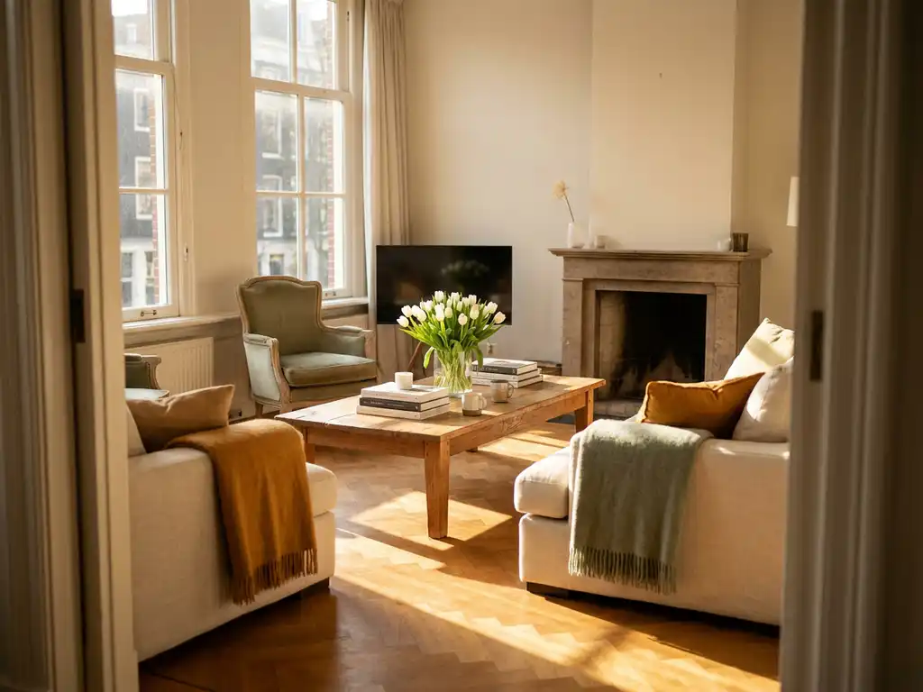 White tulips on an oak coffee table in a sunlit Amsterdam canal house living room with herringbone parquet floors.