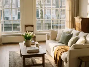 Amsterdam canal house living room with white tulips, linen cushions, and golden afternoon light on pale oak floors.