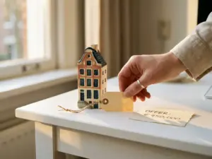 Real estate agent placing a price tag beside a miniature Amsterdam canal house with a handwritten offer note on a white desk.