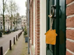 House-shaped price tag hanging from a Amsterdam canal house door framed by terracotta brick and deep green painted woodwork.