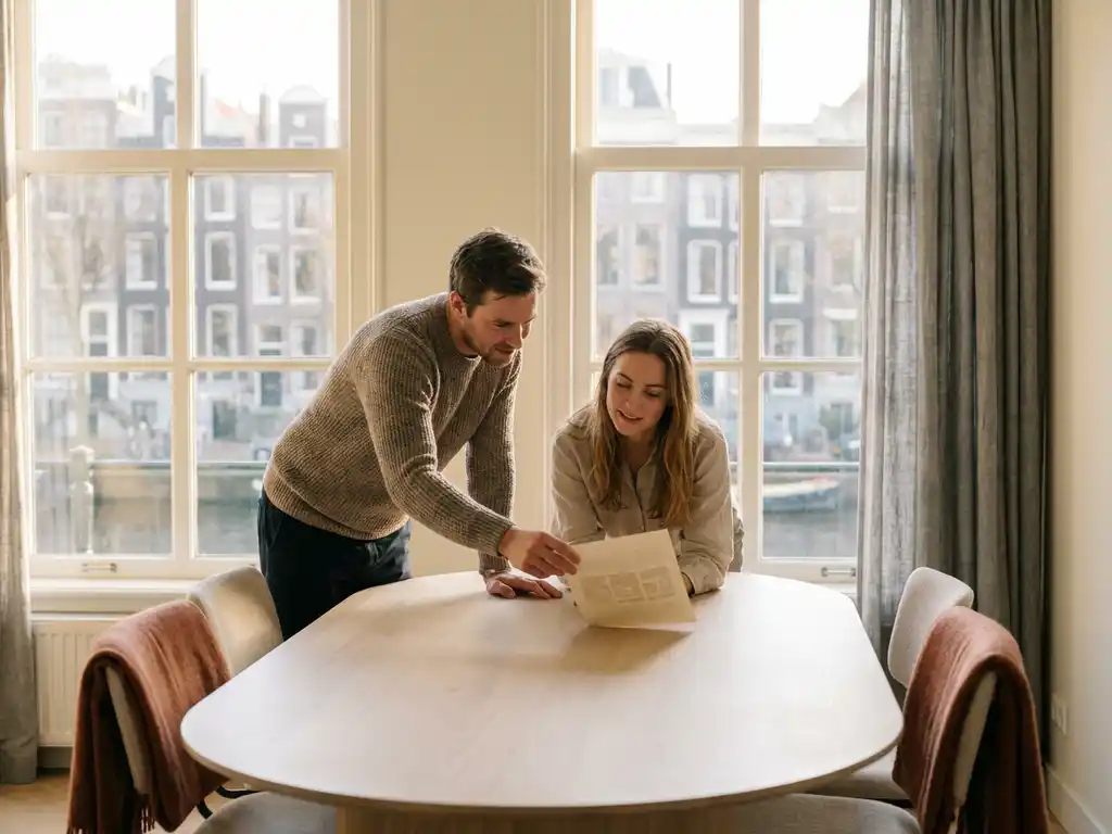 Two people negotiating a property offer at a dining table in a sunlit Amsterdam canal-house, one sliding printed documents across to the other.