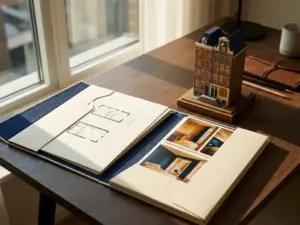Open property presentation folder with floor plans, interior photos, and Amsterdam canal house scale model on a modern desk in warm afternoon light.