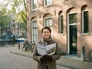Real estate agent holding a property valuation report outside an Amsterdam canal house with terracotta brick facade and arched windows.
