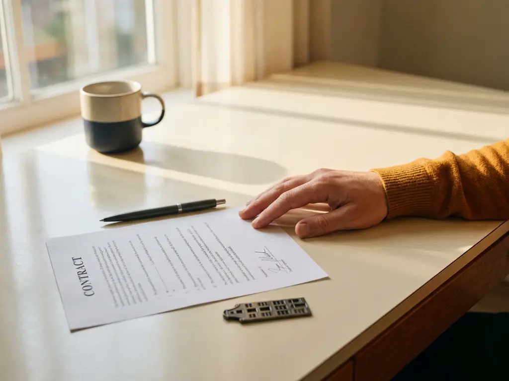 Buyer pausing over a signed purchase contract on a white desk, pen and Amsterdam canal house key nearby, warm natural light.