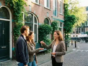 Real estate agent handing keys to a buyer outside an Amsterdam canal house with ivy-framed entrance and warm afternoon sunlight.