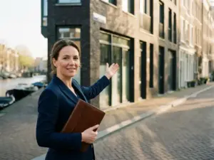 Real estate agent gesturing toward a modern Amsterdam canal house during a golden-hour property walkthrough, canal softly blurred behind.