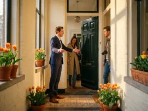 Real estate agent welcoming buyers at the sunlit entrance of an Amsterdam canal house, framed by potted tulips and cream brick walls.