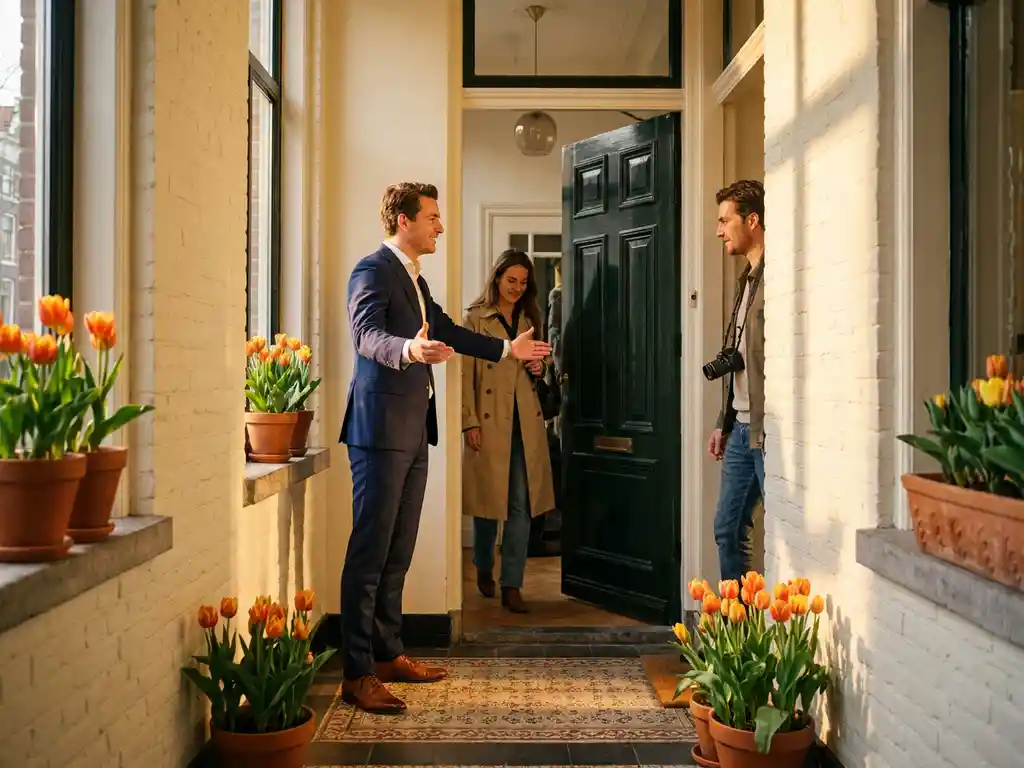 Real estate agent welcoming buyers at the sunlit entrance of an Amsterdam canal house, framed by potted tulips and cream brick walls.