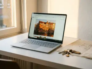 Laptop displaying an Amsterdam canal house listing beside polished keys and a floor plan on a white desk, bathed in warm afternoon light.