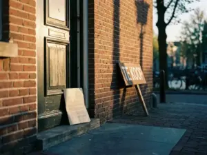 Folded rental contract against an Amsterdam canal house door with a Te Koop sign on the red-brick facade in golden afternoon light.