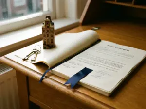 Sales agreement document on oak desk beside house keys and Amsterdam canal house model in warm afternoon light.