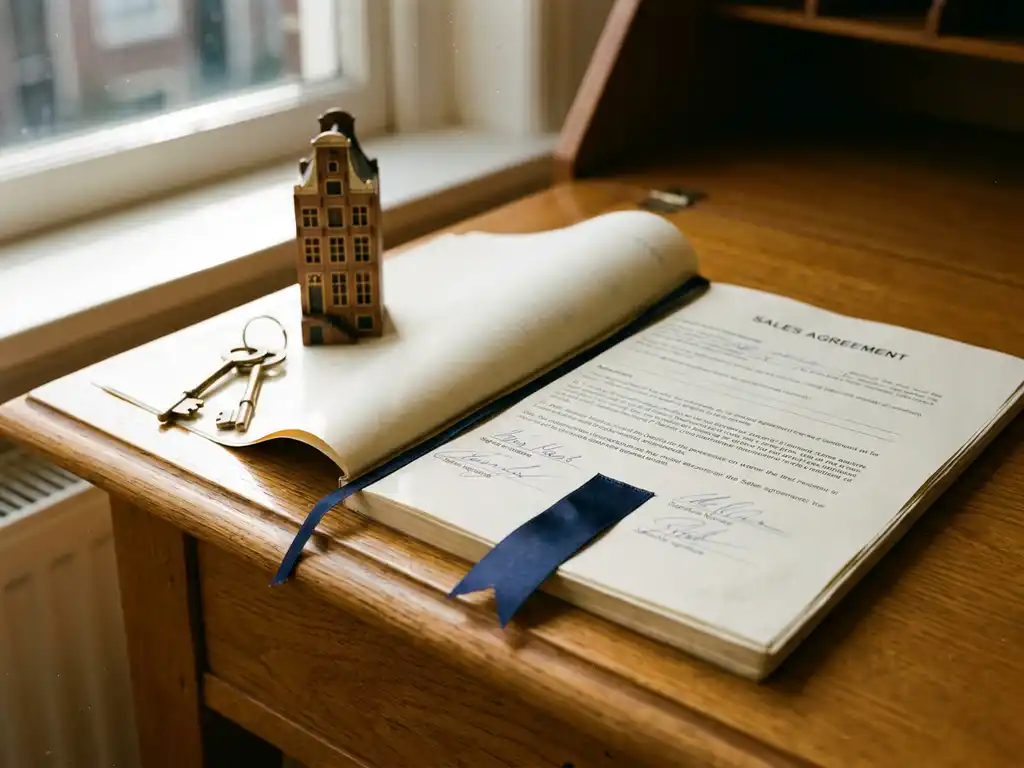 Sales agreement document on oak desk beside house keys and Amsterdam canal house model in warm afternoon light.