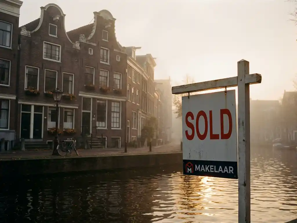 Sold sign in front of an Amsterdam canal house with warm amber autumn light reflecting on the water.
