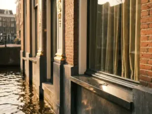 Single key on a polished stone windowsill of a luxury Amsterdam canal house facade, warm afternoon light reflecting off the water below.