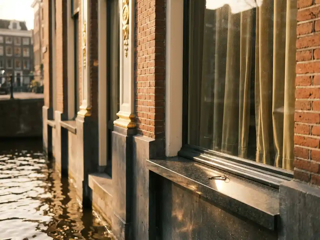 Single key on a polished stone windowsill of a luxury Amsterdam canal house facade, warm afternoon light reflecting off the water below.