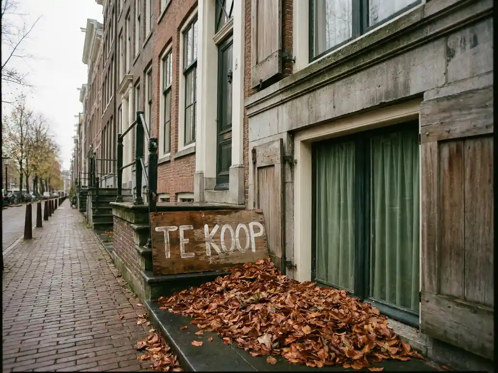 Amsterdam canal house with a "Te Koop" for-sale sign, autumn leaves at the doorstep, quiet brick street, overcast daylight.