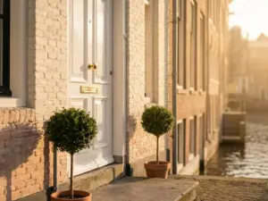 White front door with brass hardware on an Amsterdam canal house, flanked by a potted topiary in warm afternoon light.