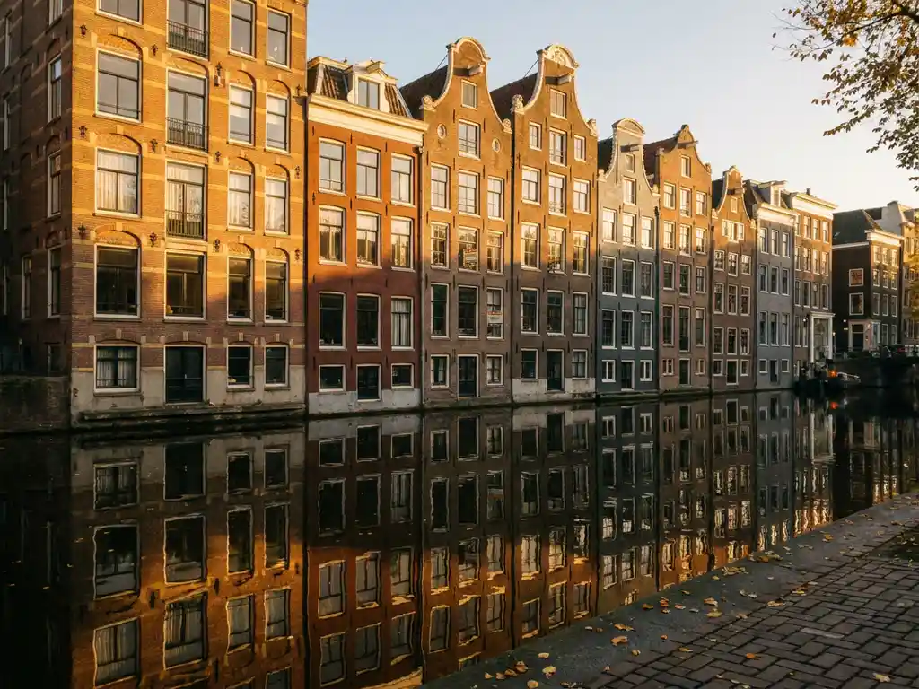 Classic Amsterdam canal houses with a Te Koop for-sale sign reflected in still water, bathed in warm autumn golden light.