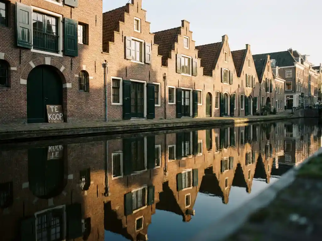 Amsterdam canal houses with stepped gable rooftops reflected in still water, golden afternoon light on brick facades, for sale sign near arched doorway.