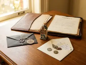 Leather-bound contract folder on a wooden desk beside sealed fixed-price and open variable-cost envelopes, with an Amsterdam canal house figurine.