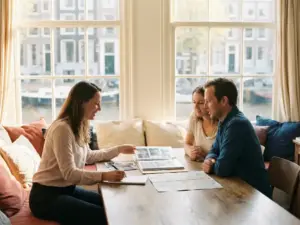 Relocation specialist reviewing Amsterdam property shortlist with expat couple inside a sunlit canal-house, canal view through tall windows.