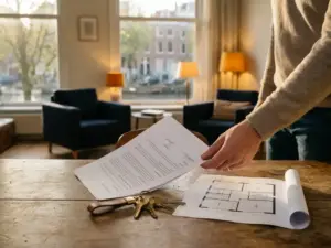 Homeowner placing a signed property document on a wooden table beside house keys and a floor plan, Amsterdam canal house interior in background.