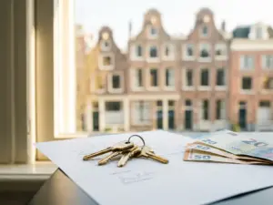 Polished house keys and euro banknotes resting on a white contract, Amsterdam canal house visible through a sunlit window.