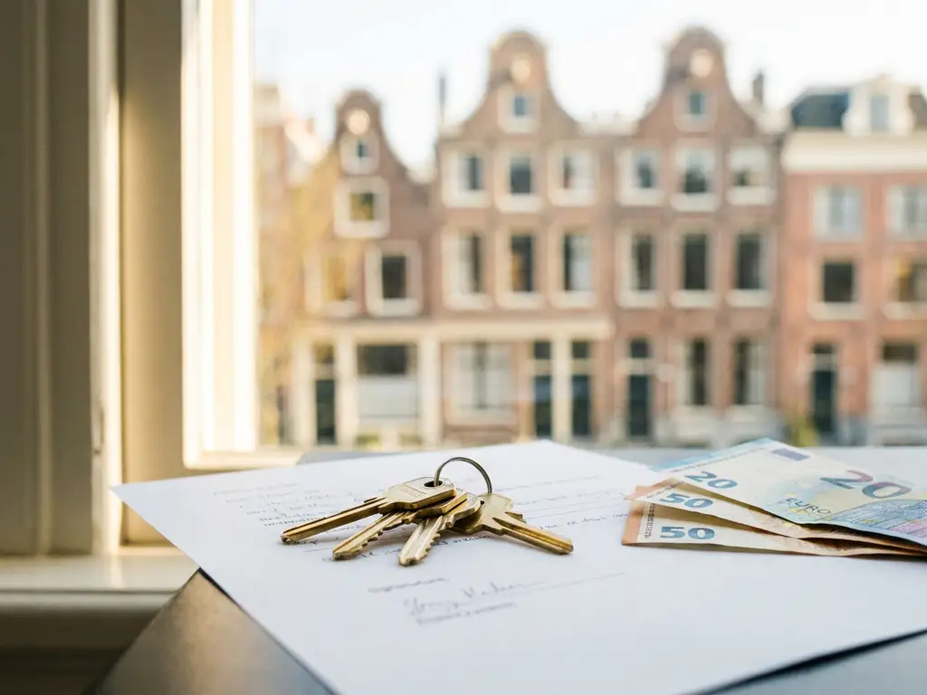 Polished house keys and euro banknotes resting on a white contract, Amsterdam canal house visible through a sunlit window.