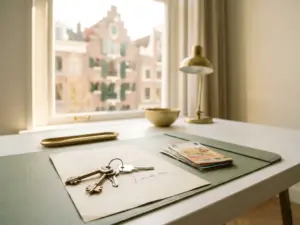 House keys and euro banknotes resting on a signed property document at a notary desk, Amsterdam canal house visible through window.