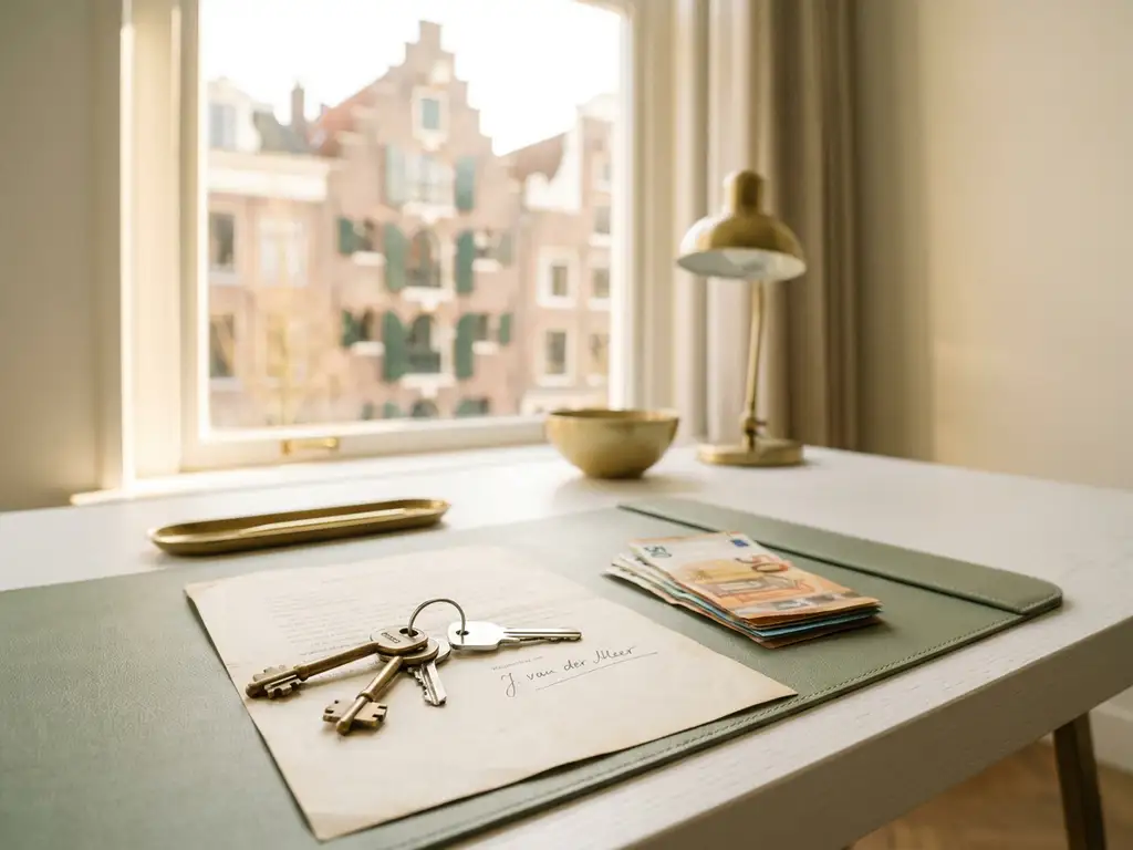House keys and euro banknotes resting on a signed property document at a notary desk, Amsterdam canal house visible through window.