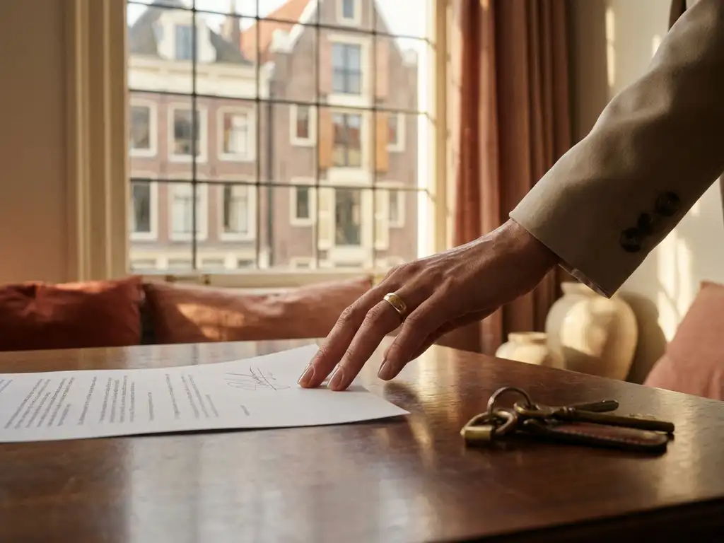 Hand placing a signed document next to house keys on a wooden table, Amsterdam canal-house facade visible through a sunlit window.