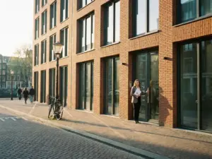 Real estate agent holding contract at entrance of new-build Amsterdam apartment with terracotta brick facade and modern windows.