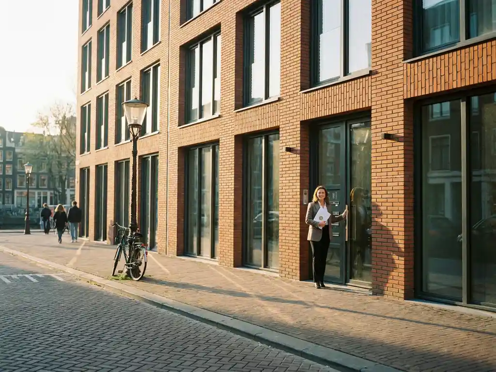 Real estate agent holding contract at entrance of new-build Amsterdam apartment with terracotta brick facade and modern windows.