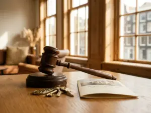 Wooden auctioneer's gavel beside house keys and property brochure on oak surface, warm Amsterdam canal-house light.