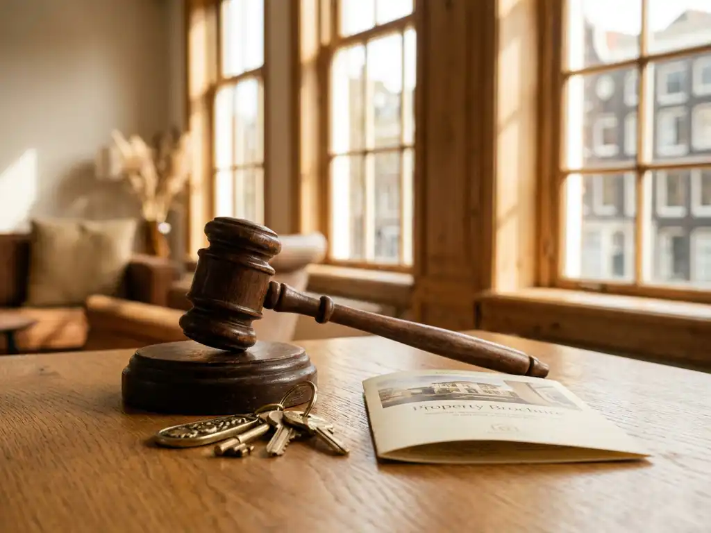 Wooden auctioneer's gavel beside house keys and property brochure on oak surface, warm Amsterdam canal-house light.