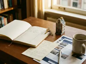 Bid log document on a modern desk beside house keys and an Amsterdam canal house architectural model, warm golden light.