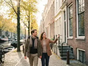 Real estate agent gesturing toward a brick Amsterdam canal townhouse while walking with a client on a cobblestone street in autumn afternoon light.