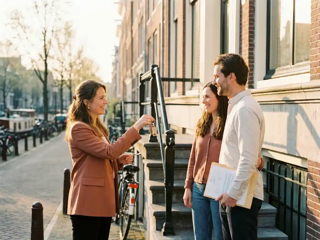 Real estate agent handing house keys to a seller outside an Amsterdam canal house in warm afternoon sunlight.