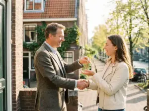 Real estate agent handing house keys to a homeowner on a sunlit Amsterdam canal house doorstep with terracotta rooftiles and trees.