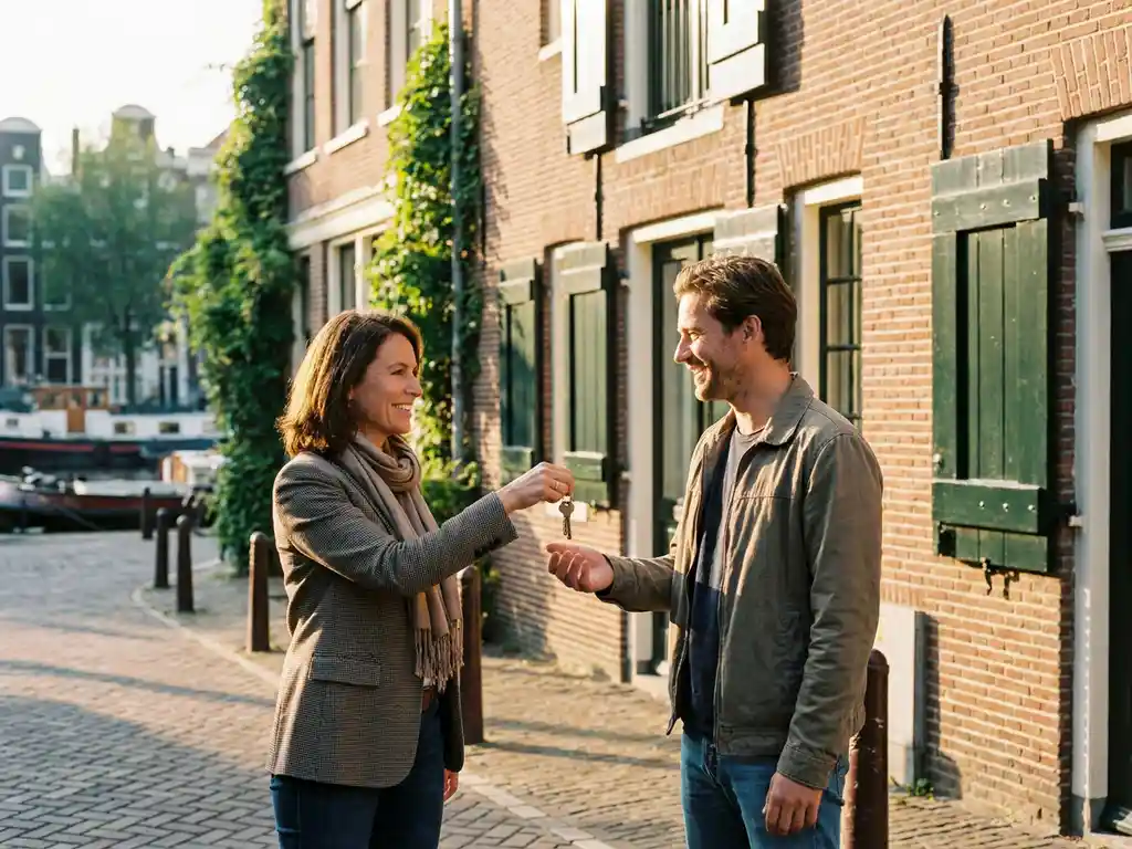 Real estate agent handing house keys to a smiling client outside an ivy-covered Amsterdam canal house in warm afternoon sunlight.