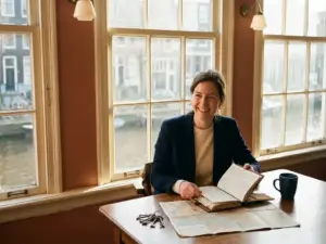 Real estate agent reviewing property strategy notes at an Amsterdam canal-view desk with city map and house keys nearby.
