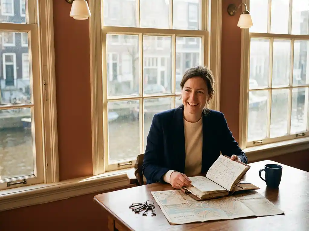 Real estate agent reviewing property strategy notes at an Amsterdam canal-view desk with city map and house keys nearby.