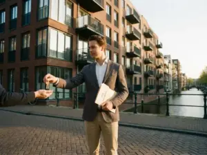 Real estate agent handing apartment keys to a buyer outside a modern Amsterdam canal-side building with HOA documents tucked under one arm.