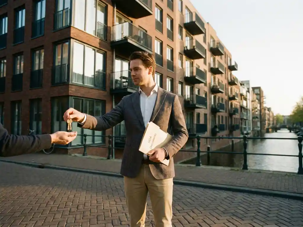 Real estate agent handing apartment keys to a buyer outside a modern Amsterdam canal-side building with HOA documents tucked under one arm.