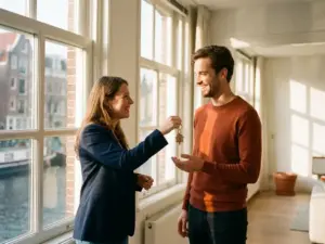 Real estate agent handing house keys to a smiling client in a sunlit Amsterdam canal-side apartment after a successful deal.