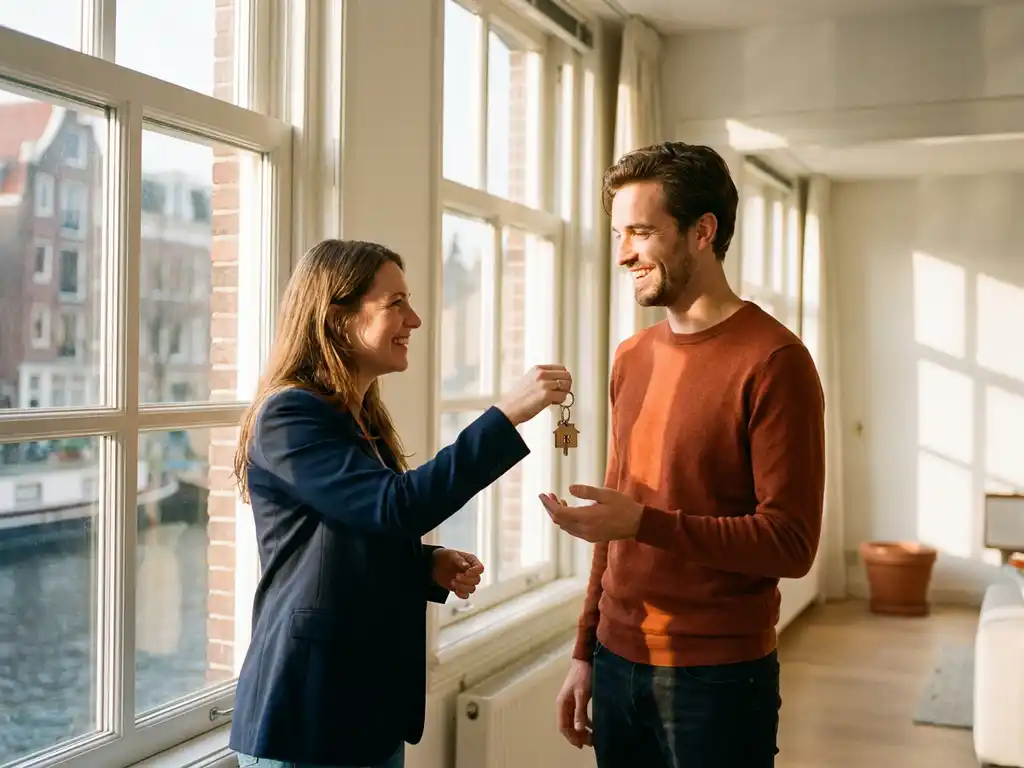 Real estate agent handing house keys to a smiling client in a sunlit Amsterdam canal-side apartment after a successful deal.