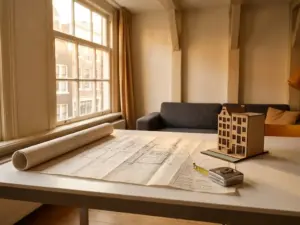 Architectural floor plan blueprint unrolled on a white desk beside a scale model and measuring tape in a sunlit Amsterdam apartment.