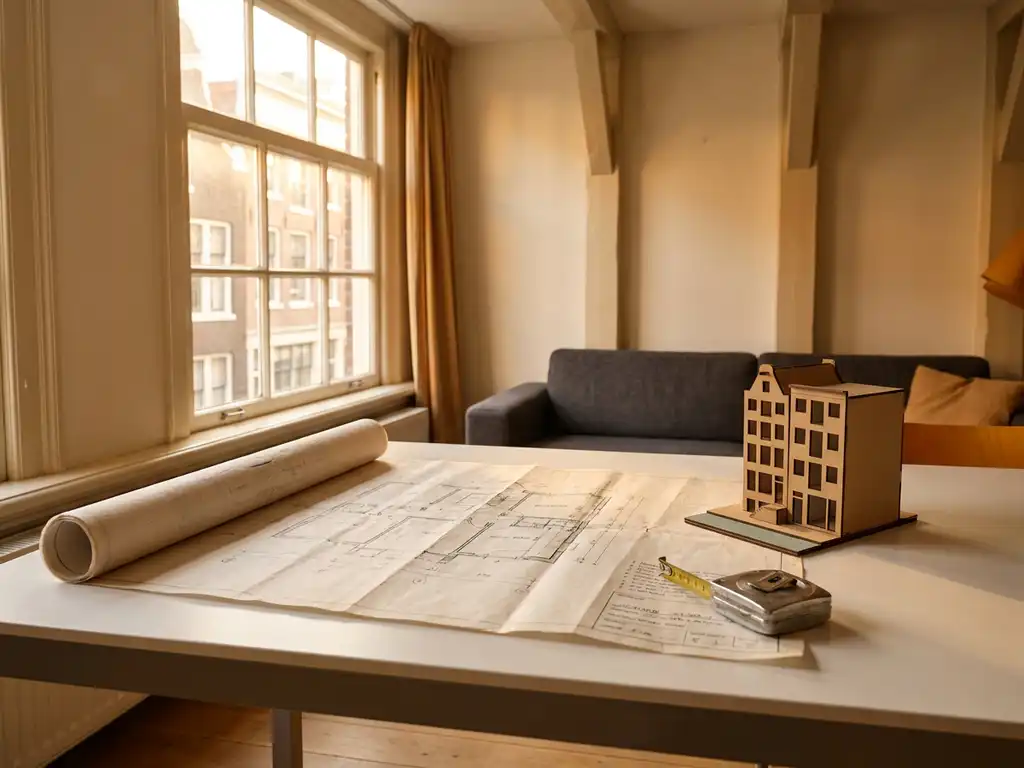 Architectural floor plan blueprint unrolled on a white desk beside a scale model and measuring tape in a sunlit Amsterdam apartment.